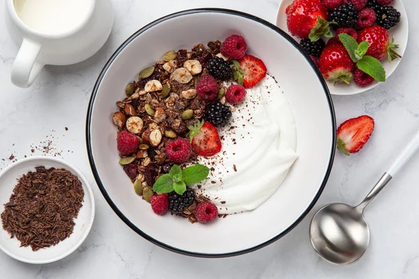 Schokoladen-Müsli mit Joghurt und frischen Beeren in weißer Schüssel — Stockfoto