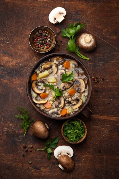 Mushroom and barley soup , top view, wooden background — Stock Image Mushroom Barley Soup Top View Wooden Background Stock Image