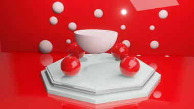 3D platform Pastel geometrisi; Ürünlerin ve ürünlerin soyut modelinin gösterildiği kare bir odada