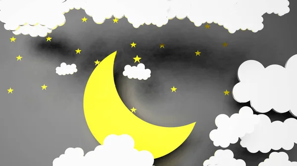 紙アートおやすみと甘い夢星と夜空の夜のコンセプトと青い背景に白い雲と星と折り紙黄色の月 — ストック写真