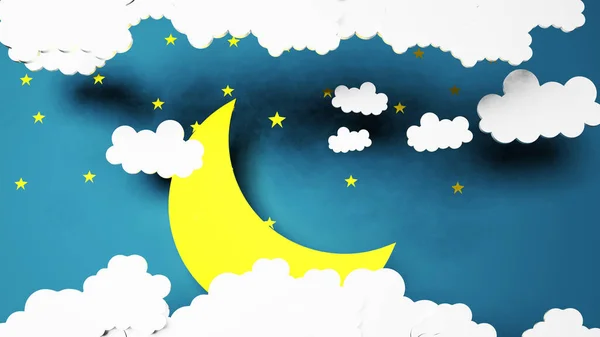 Paper art good night and sweet dreams stars and night sky night concept and origami origami yellow moon with white clouds and stars on blue background