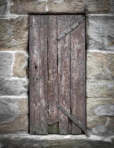 Vecchia Porta Battente Legno Con Cerniere Ferro Nella Casa Pietra — Foto Stock