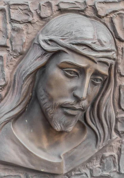 Bronze Bas Relevo Cristo Com Uma Coroa Espinhos Ideal Para — Fotografia de Stock