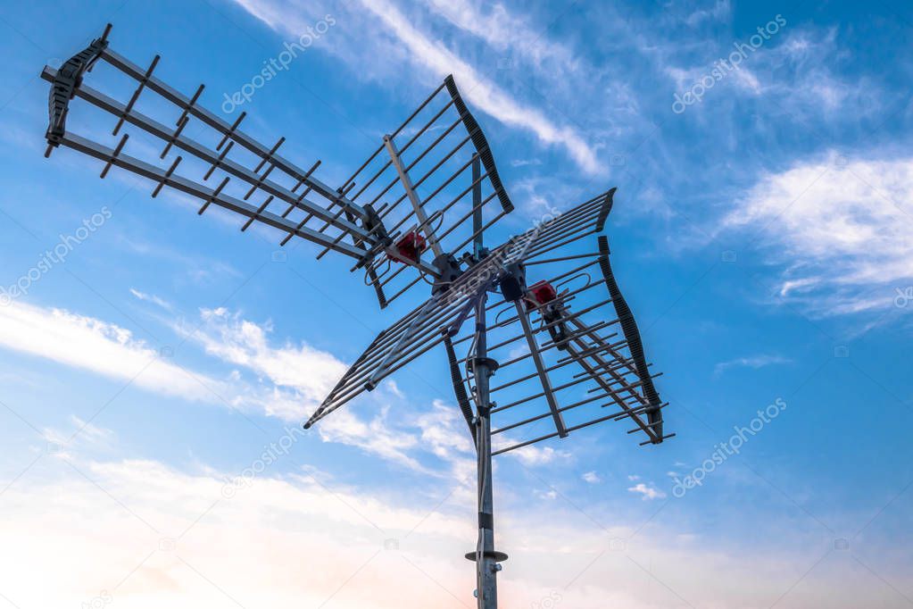 Directional antenna for reception of digital television broadcasting DVB-T and DVB-T2 against a blue sky