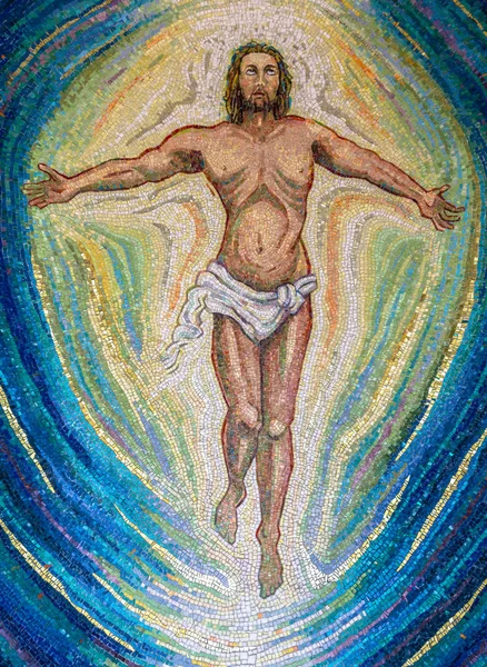 Religious Mosaic Jesus Christ Open Arms Eyes Sky Painting Multicolored — Stock Photo, Image