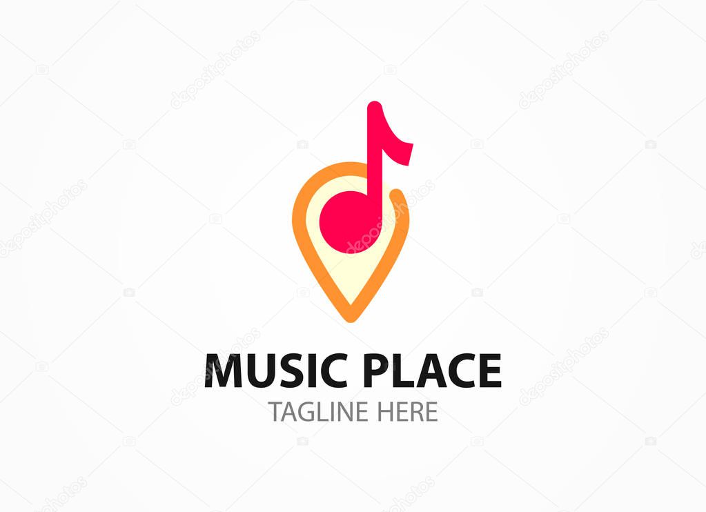 Note with marker of Place. Vector logo template in EPS 10. Flat emblem for music store, studio, education project and community.