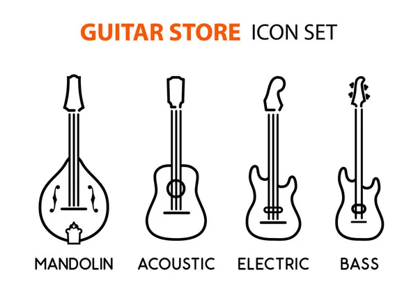 Icono Conjunto Guitarras Acústicas Eléctricas Mandolina Estilo Línea Arte Color — Vector de stock