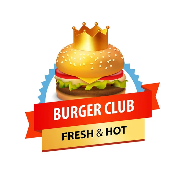 Emblema Burger Clube Com Legenda Ilustração Delicioso Hambúrguer Saboroso Distintivo — Vetor de Stock