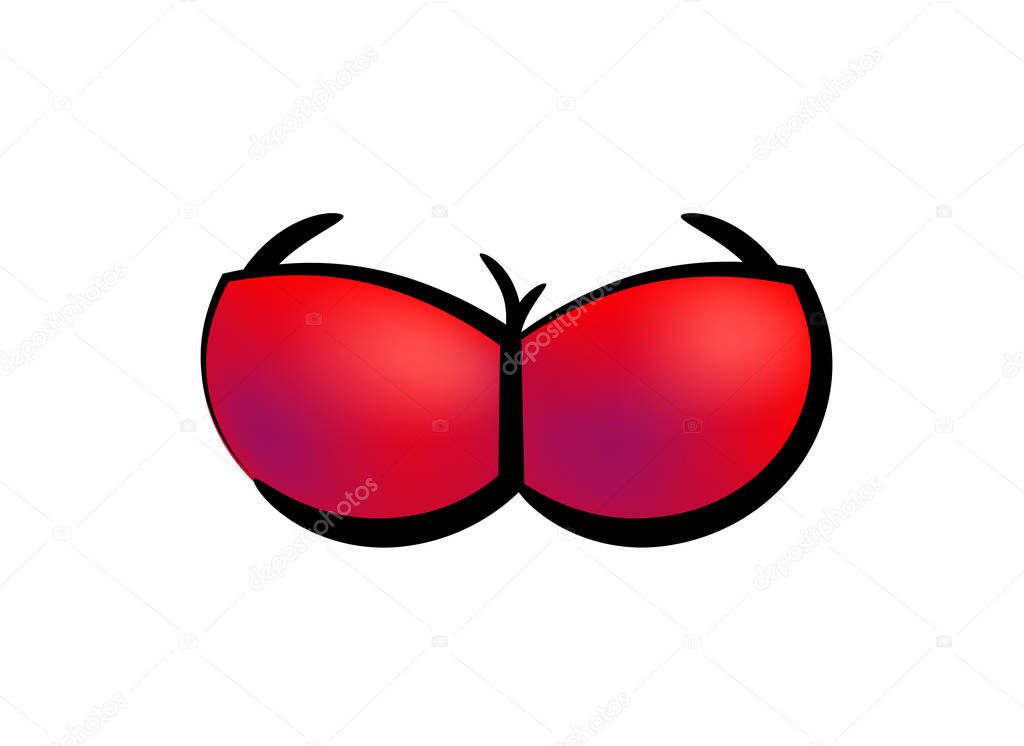 Sexy boobs isolated on white. Vector icon of red bra on femaly breast.