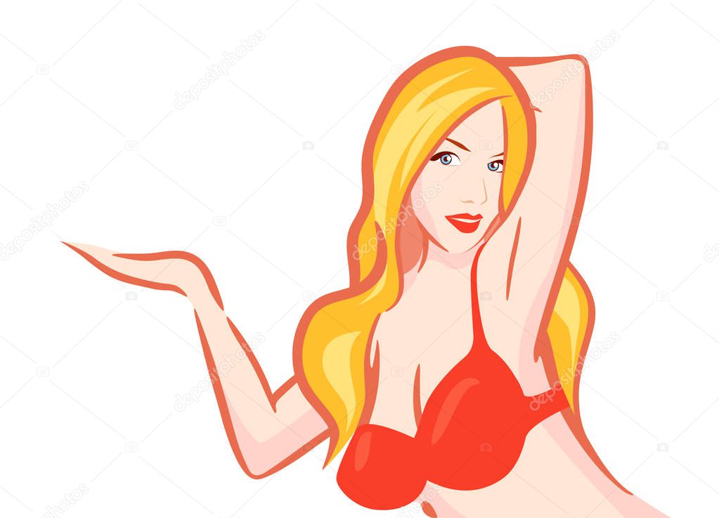Nude Blonde Woman in red Bra on white background. Vector Clipart with the beautiful young female pointing to a copy space for your Advertising and Order.