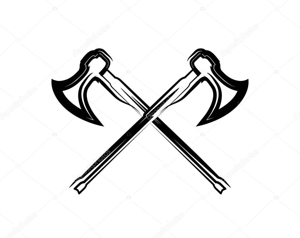 Crossed Medieval Warrior Axes, Vector illustration on white. Element Design for Heraldic Emblem or Logo of Style Web Site.