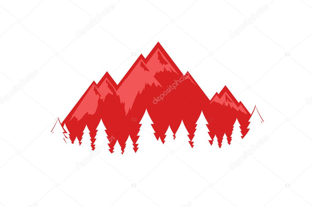 Swiss Alps vector illustration, EPS 10. Isolated beautiful symbol in red color with mountains and forest for decoration travel company.