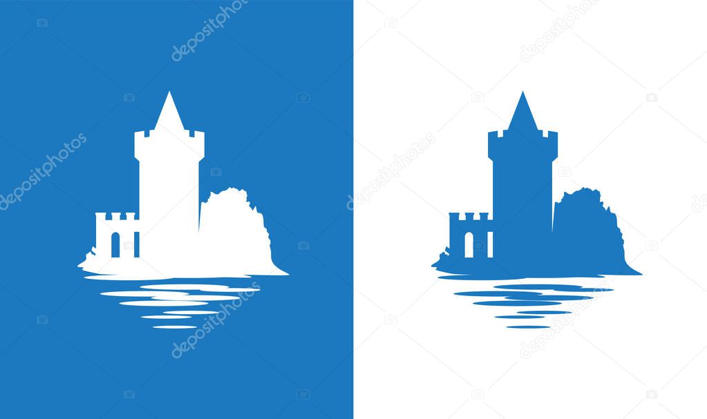 Falkirk Castle, Scotland. Icon with European Medieval Castle in colors of Scottish National Flag. Nice vector illustration exposing the theme of European antiquity and History.
