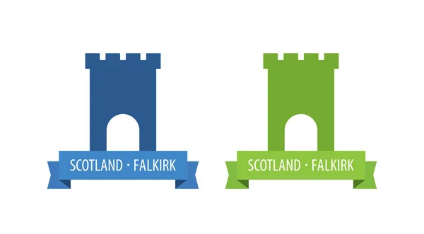 スクロールとキャプションをヨーロッパの中世の城の塔とエンブレム ベクトル設定のロゴと白い背景にさまざまな色のスコットランドの城 — ストックベクタ