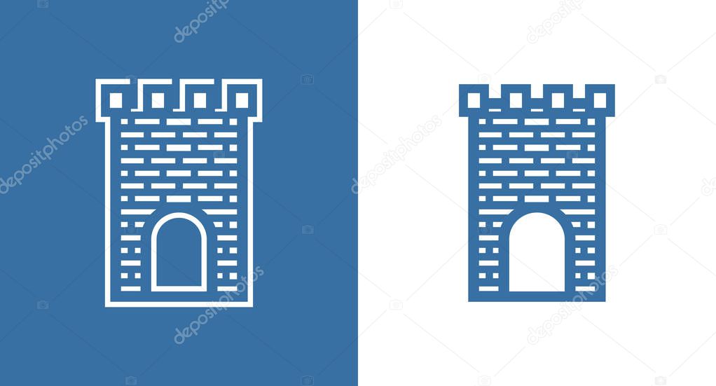 Icon of Medieval Scotland Castle. European Historical Building Fortless of United Kingdom in black and white color. Vector set of illustrations in EPS 10.