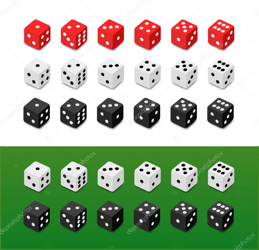 Set of vector Dice on different backgrounds. Red, White and Black dice with numbers from one to six.
