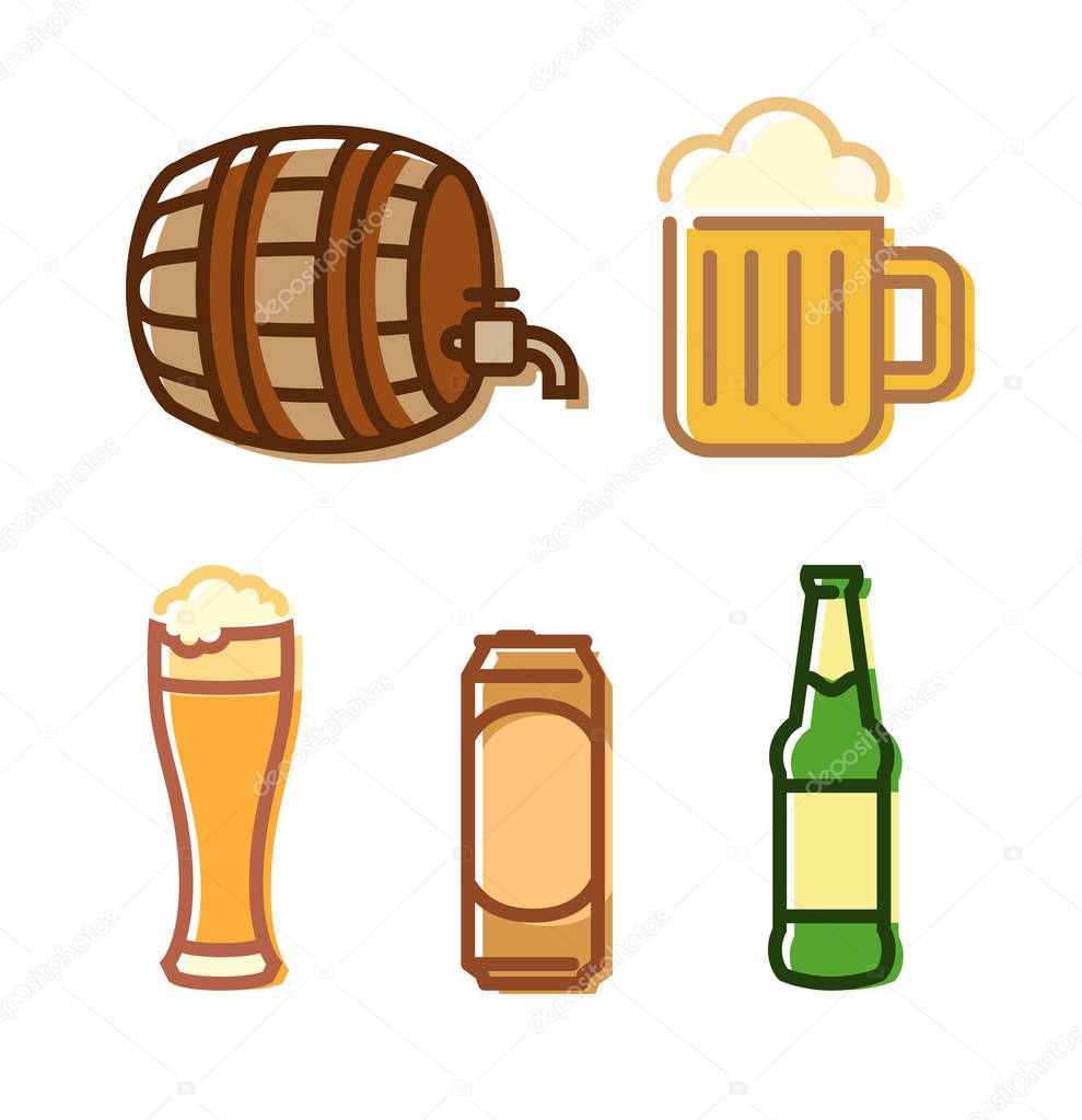 Vector Beer Icons isolated on white. Illustrations in lineart style for beer brewery, pubs and bars.