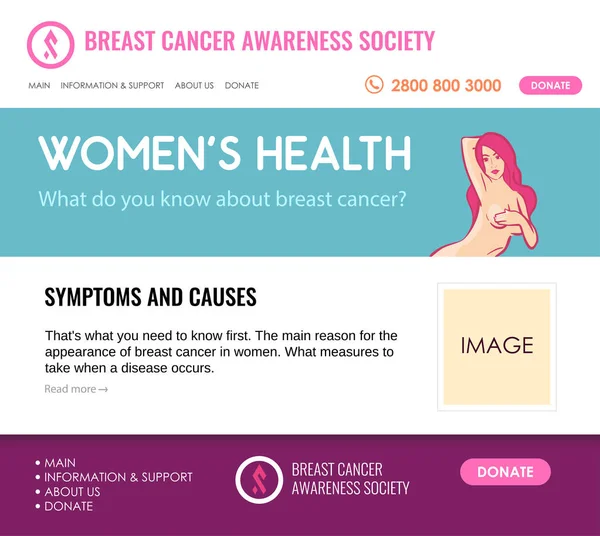 Layout de vetor para o site sobre câncer de mama. Modelo de design com logotipo, controle deslizante em cores bonitas — Vetor de Stock