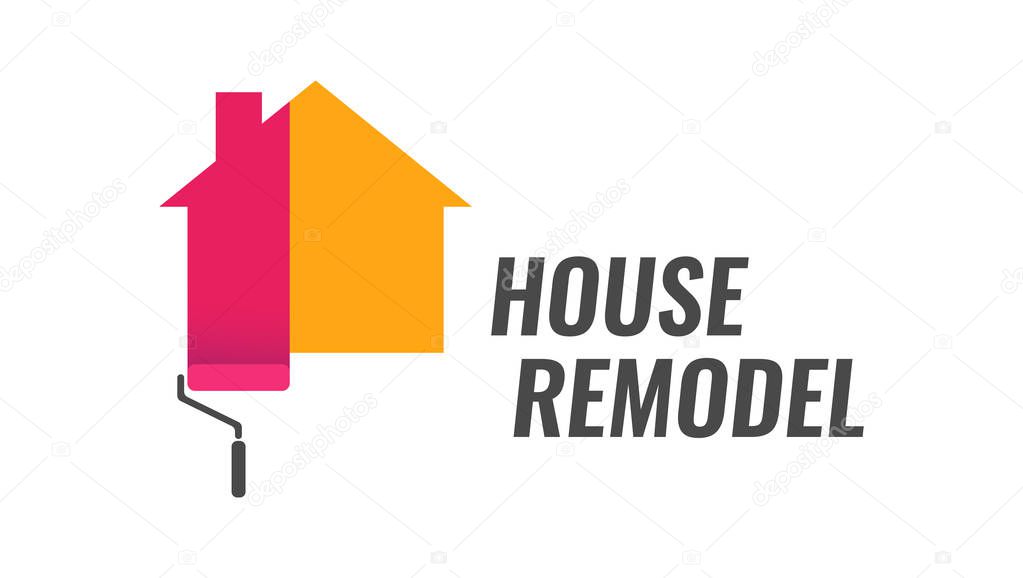 House Remodel, Vector Logo with Dyeing House and Caption. Style emblem isolated on white background.