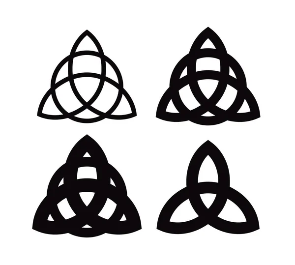 Triquetra Símbolo wiccano de Charmed. La trinidad pagana celta hace nudos en diferentes formas. Iconos vectoriales de emblemas antiguos . — Vector de stock