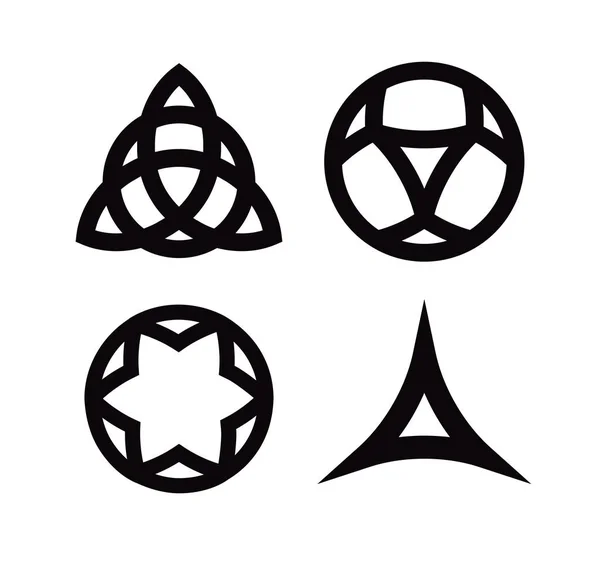 Conjunto vectorial de símbolos e iconos wiccanos aislados sobre fondos blancos. Triquetra pagana y nudo celta y otros signos . — Vector de stock