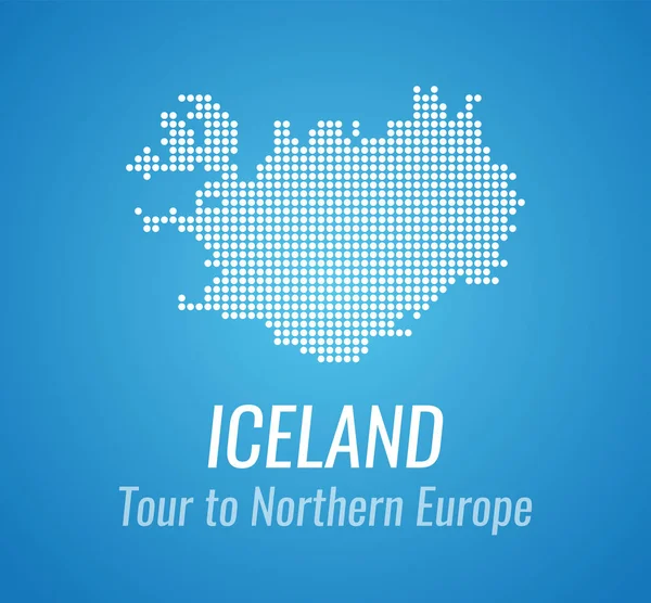 Mapa vectorial silueta de Islandia con título y eslogan - Mapa de puntos color blanco sobre fondo azul . — Vector de stock