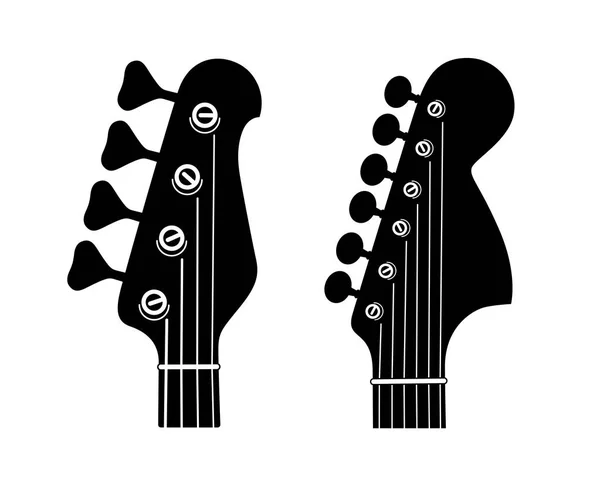 Electric and Bass Guitar Headstock Silhouettes isolated on white background. — Stock Vector