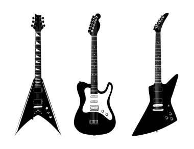 Verious vector electric guitars illustration black color isolated on white background - Rock Music instruments. clipart