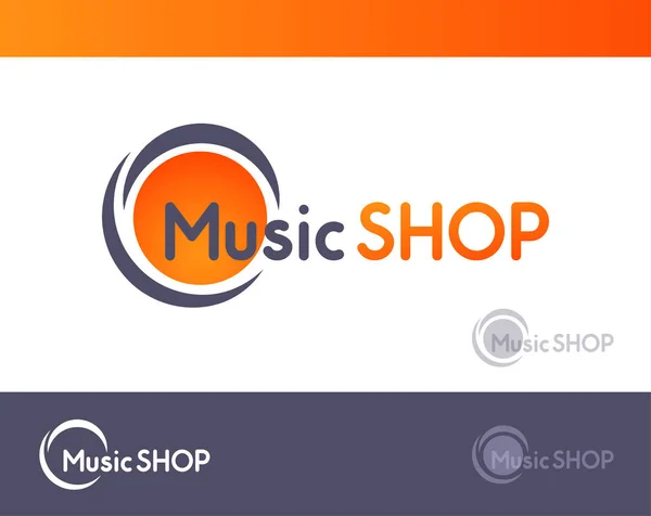 Logo para Music SHOP aislado en negro blanco y gris oscuro - Ilustración vectorial de emblema con marca de agua . — Vector de stock