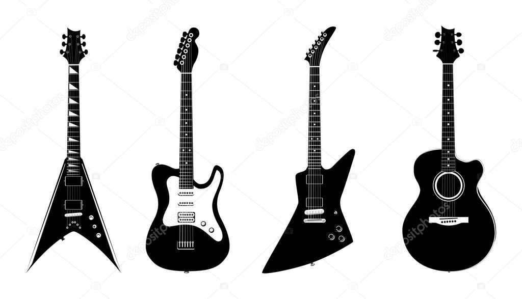 Vector silhouettes of Acoustic guitar and Electric guitars black color isolated on white.
