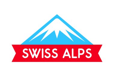 İsviçre Alpleri logo illüstrasyon, şerit ve resim yazısı - dağ arması vektör rozet beyaz arka plan üzerinde izole.