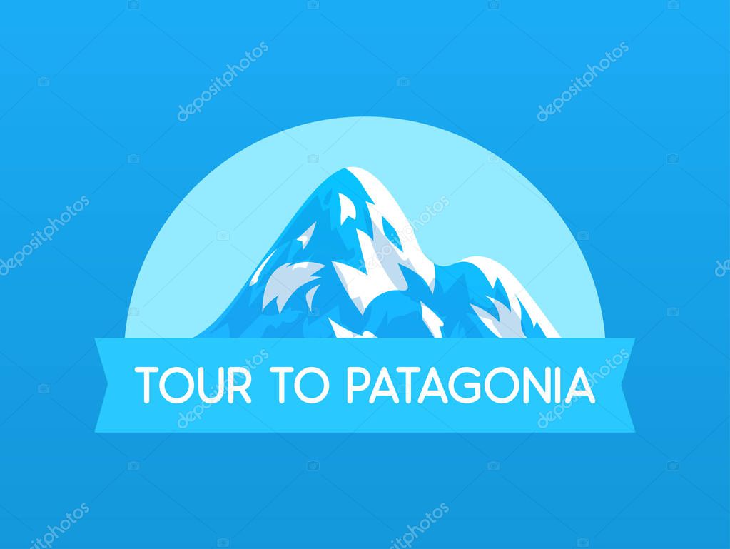 Tour to Patagonia, vector Logo illustration with Mountain of travel in South America in Chile and Peru. Emblem with ribbon and caption.