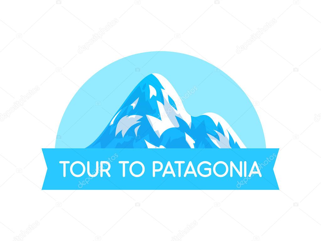 Logo Emblem with Illustration of Patagonia alps Vector Style - Vector Nature Landscape with text label isolated on white background.