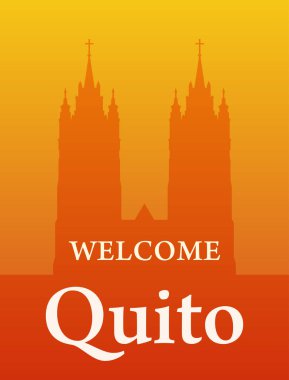Bazilika Ulusal yemini, siluet katedral kule Quito, Ekvator - Hoşgeldiniz davet banner turuncu renk.