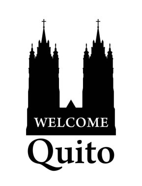Yerebatan del Voto Nacional, siluet katedral kule Quito, Ekvator - hoş geldiniz davet afiş.