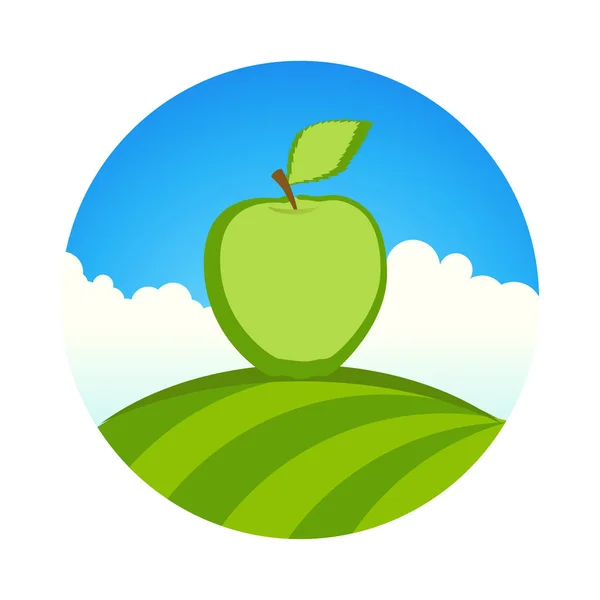 Az Apple, címke, ökológiai Farm, friss gyümölcs, tiszta kék ég - vektor jelkép alatt kerek Garden — Stock Vector