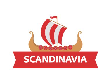 Flat logo emblem with Scandinavian drakkar - Vikings Ship and caption - War Boat of ancient norse warriors. clipart