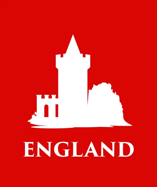 Silhouette du château d'Angleterre isolée sur la couleur rouge traditionnelle Illustration vectorielle de la forteresse médiévale avec légende . — Image vectorielle