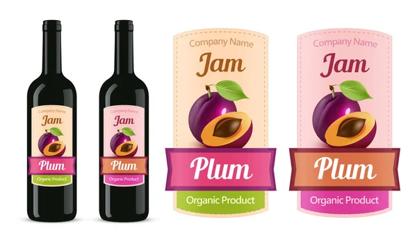 Plum Jam etichetta adesiva isolata su bianco e provare una bottiglia - illustrazione vettoriale . — Vettoriale Stock