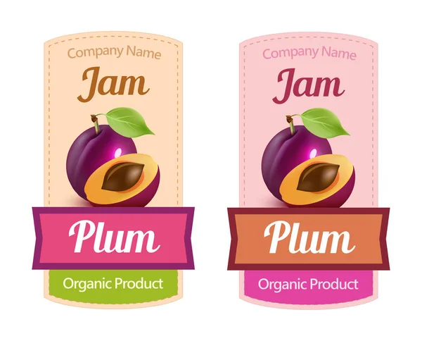 Illustration de confiture de prunes, emblème vectoriel autocollant en différentes couleurs - Image de fruit mûr sur l'étiquette du sirop ou du vin . — Image vectorielle