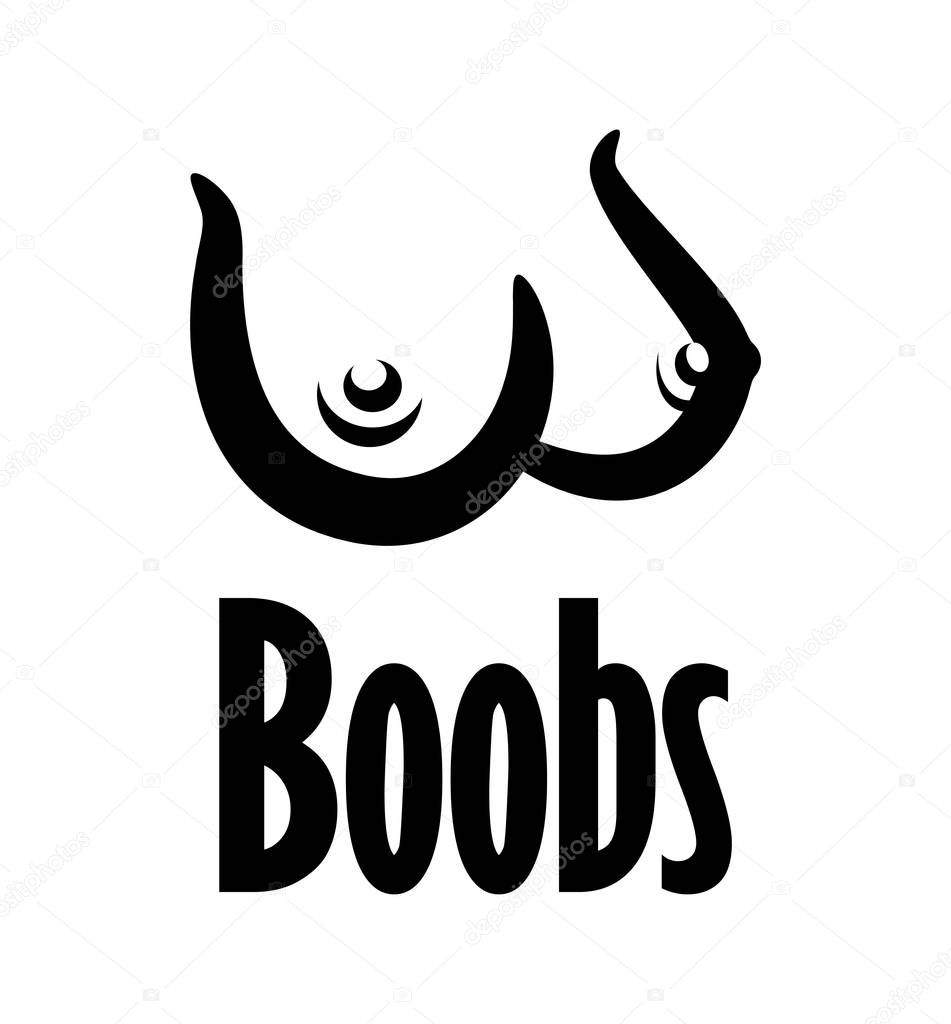 Boobs vector logo illustration for sex shop. Flat emblem of female Breast with caption. Nude tits big size isolated on white color.