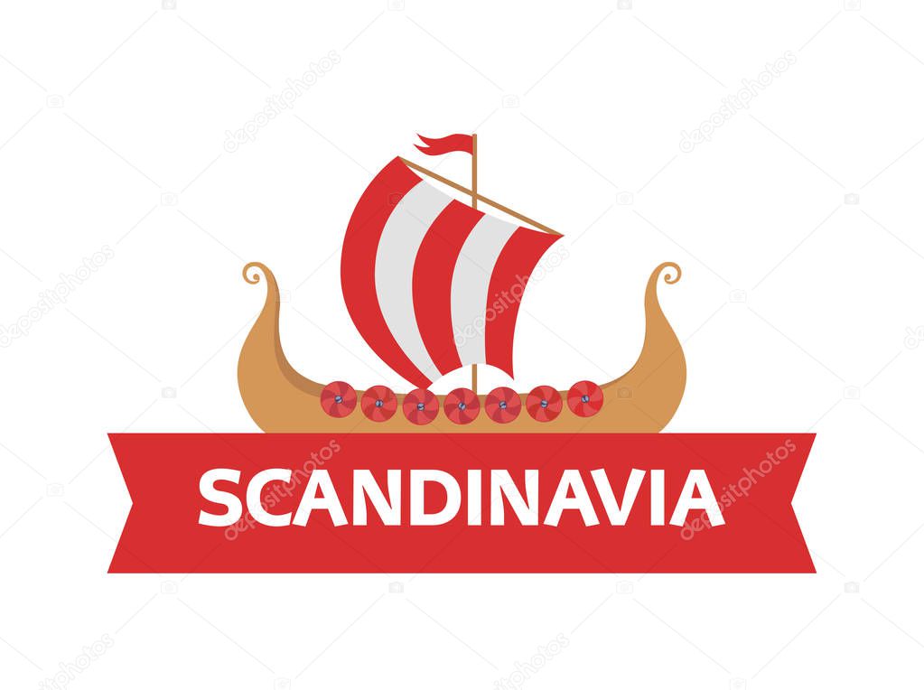 Flat logo emblem with Scandinavian drakkar - Vikings Ship and caption. War Boat of ancient norse warriors.