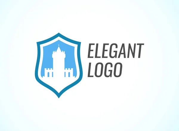 Blazon con Stronghold Castle en estilo plano de escudo de armas en color azul con leyenda — Vector de stock