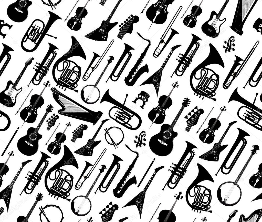 Seamless background with silhouettes of musical instruments black color isolated on white - Vector illustration