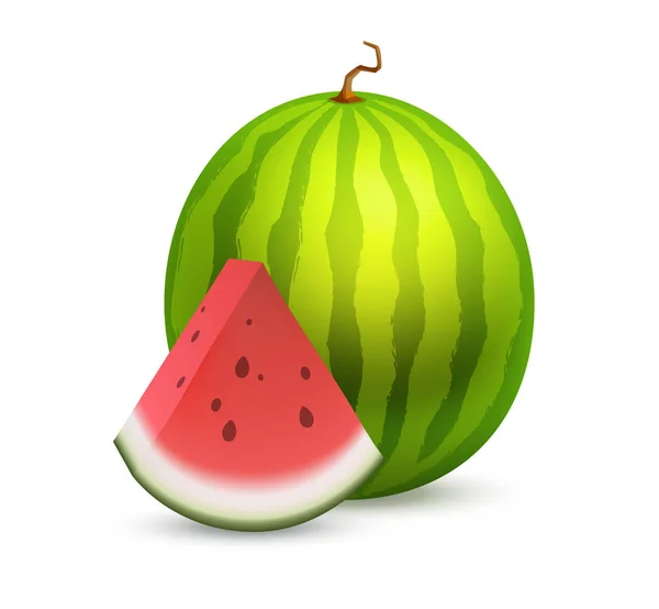 Whole beautiful Watermelon with a slice section of ripe fruit - Great vector icon of tasty fruit isolated on white. — Stock Vector