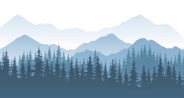 Mountain forest - vector landscape illustration with silhouette or rocks and trees. clipart