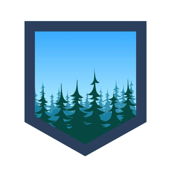 Expeditie Badge met bos onder de blauwe hemel - vectorillustratie — Stockvector