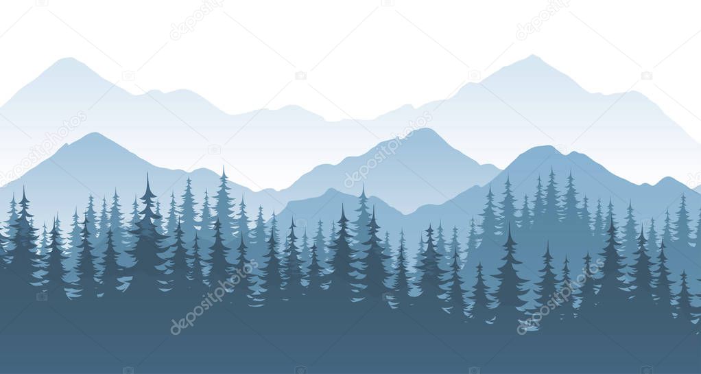 Mountain forest - vector landscape illustration with silhouette or rocks and trees.