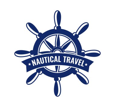 Direksiyon simidi ile vektör amblemi. Resim yazısı deniz seyahat ile rozet tasarım öğesi. Tabela, afiş veya dekorasyon deniz turları ve seyahat için logo illüstrasyon cruises