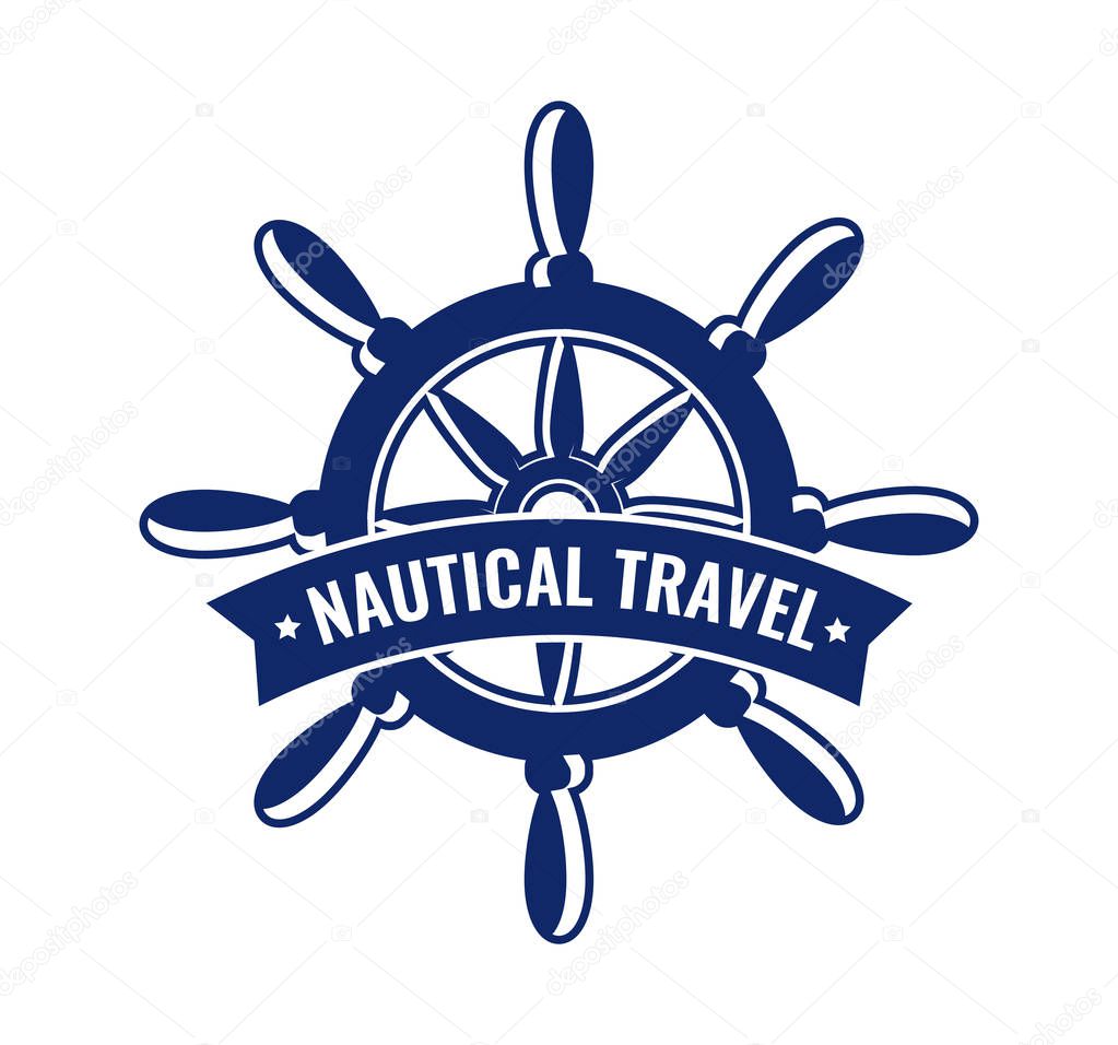 Vector emblem with steering wheel. Design element of badge with caption Nautical Travel. Logo illustration for signboard, posters or decoration of nautical tours and travel cruises